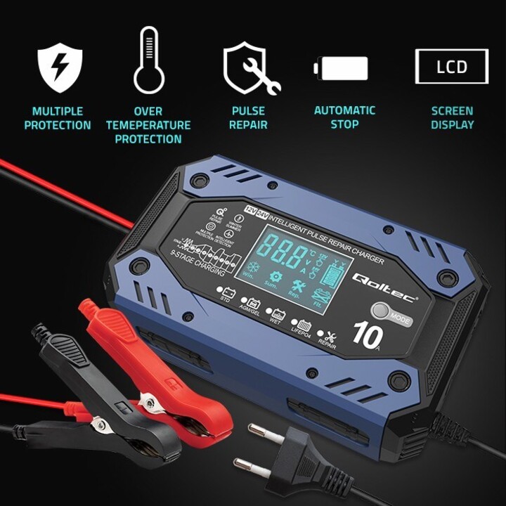 Qoltec 52482 Intelligentes LadegerätfürSTD AGM GEL LiFePO4 | Batterieladegerät mit Reparaturfunktion |12-24V |10A | LCD | 9-st