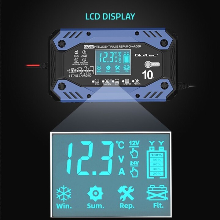 Qoltec 52482 Intelligentes LadegerätfürSTD AGM GEL LiFePO4 | Batterieladegerät mit Reparaturfunktion |12-24V |10A | LCD | 9-st