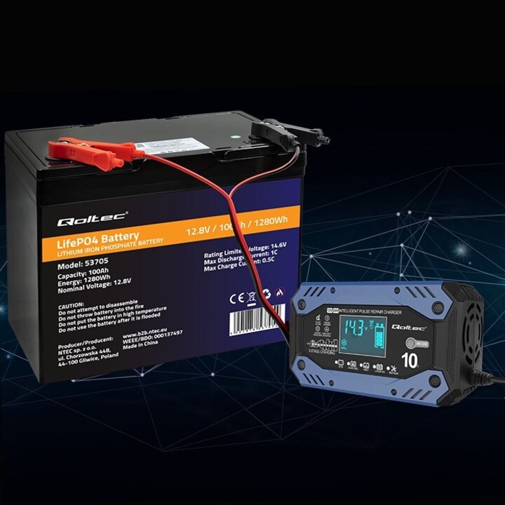 Qoltec 52482 Intelligentes LadegerätfürSTD AGM GEL LiFePO4 | Batterieladegerät mit Reparaturfunktion |12-24V |10A | LCD | 9-st