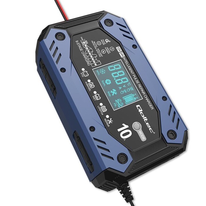 Qoltec 52482 Intelligentes LadegerätfürSTD AGM GEL LiFePO4 | Batterieladegerät mit Reparaturfunktion |12-24V |10A | LCD | 9-st