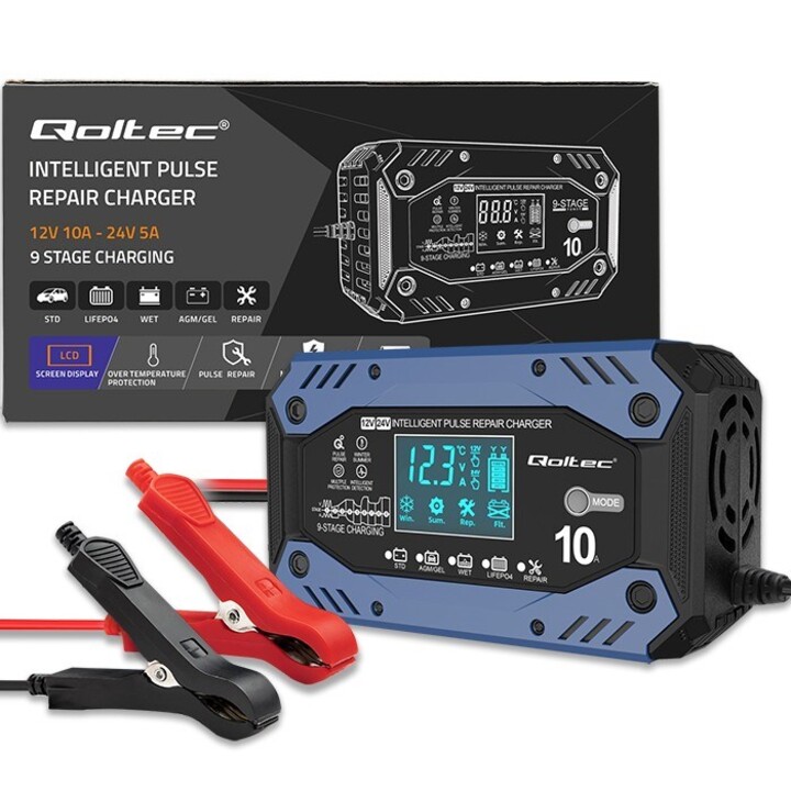 Qoltec 52482 Caricabatterie intelligente per STD AGM GEL LiFePO4 | Caricabatterie con funzione di riparazione |12-24V |10A | LCD