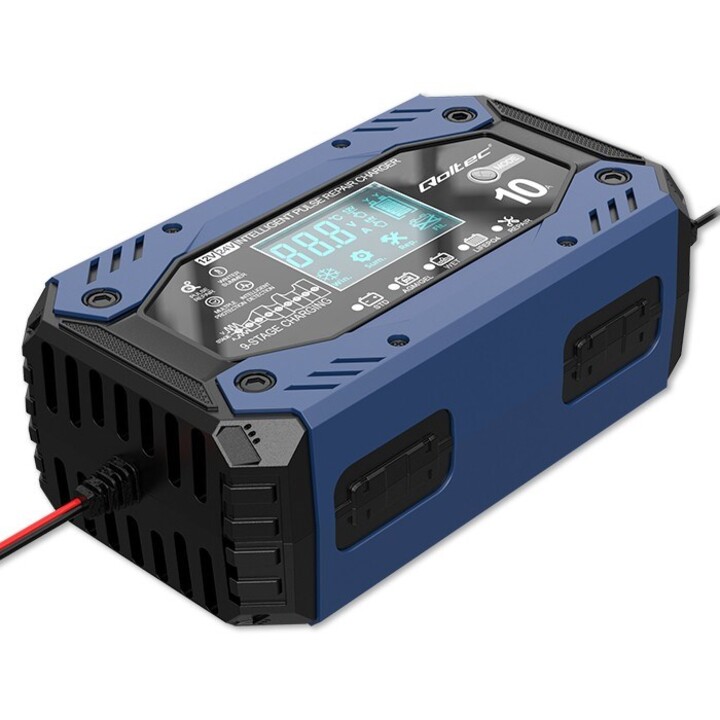 Qoltec 52482 Intelligentes LadegerätfürSTD AGM GEL LiFePO4 | Batterieladegerät mit Reparaturfunktion |12-24V |10A | LCD | 9-st