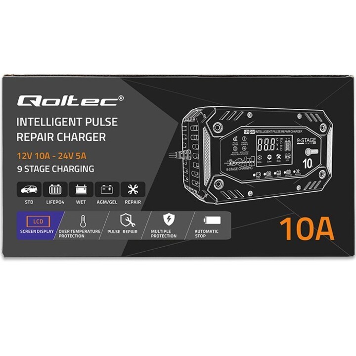 Qoltec 52482 Intelligentes LadegerätfürSTD AGM GEL LiFePO4 | Batterieladegerät mit Reparaturfunktion |12-24V |10A | LCD | 9-st