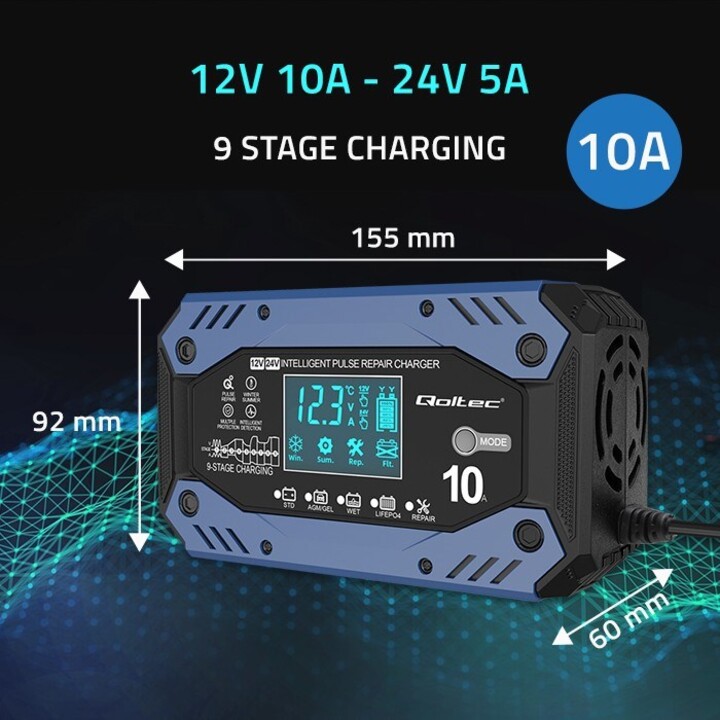 Qoltec 52482 Intelligentes LadegerätfürSTD AGM GEL LiFePO4 | Batterieladegerät mit Reparaturfunktion |12-24V |10A | LCD | 9-st