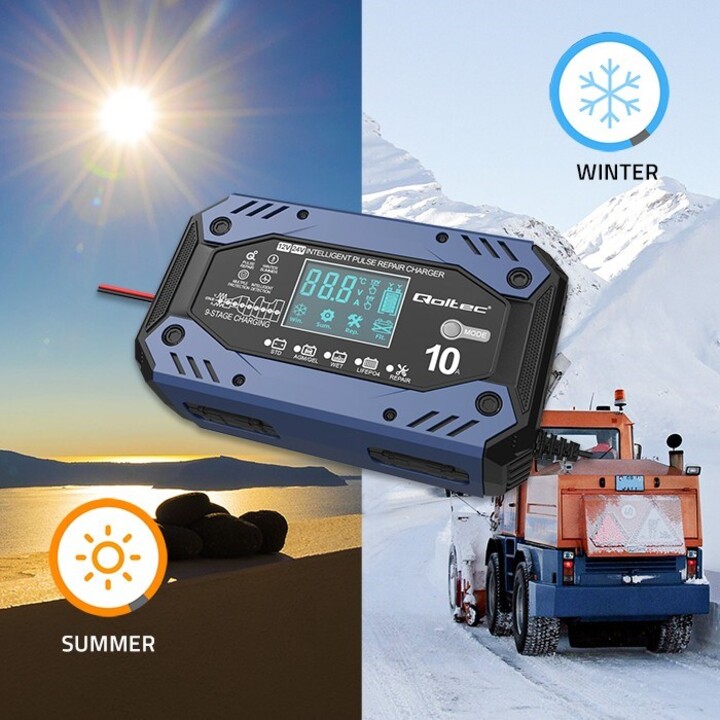Qoltec 52482 Intelligentes LadegerätfürSTD AGM GEL LiFePO4 | Batterieladegerät mit Reparaturfunktion |12-24V |10A | LCD | 9-st