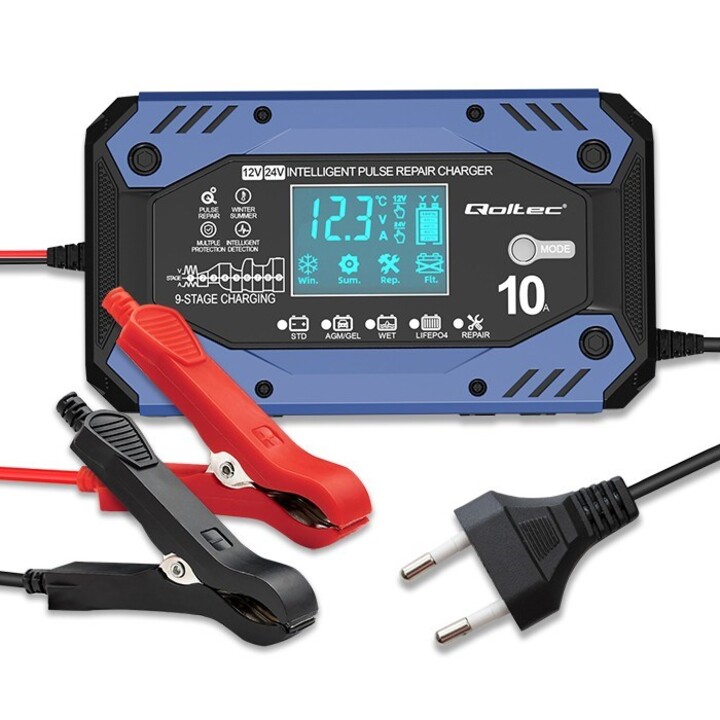 Qoltec 52482 Intelligentes LadegerätfürSTD AGM GEL LiFePO4 | Batterieladegerät mit Reparaturfunktion |12-24V |10A | LCD | 9-st