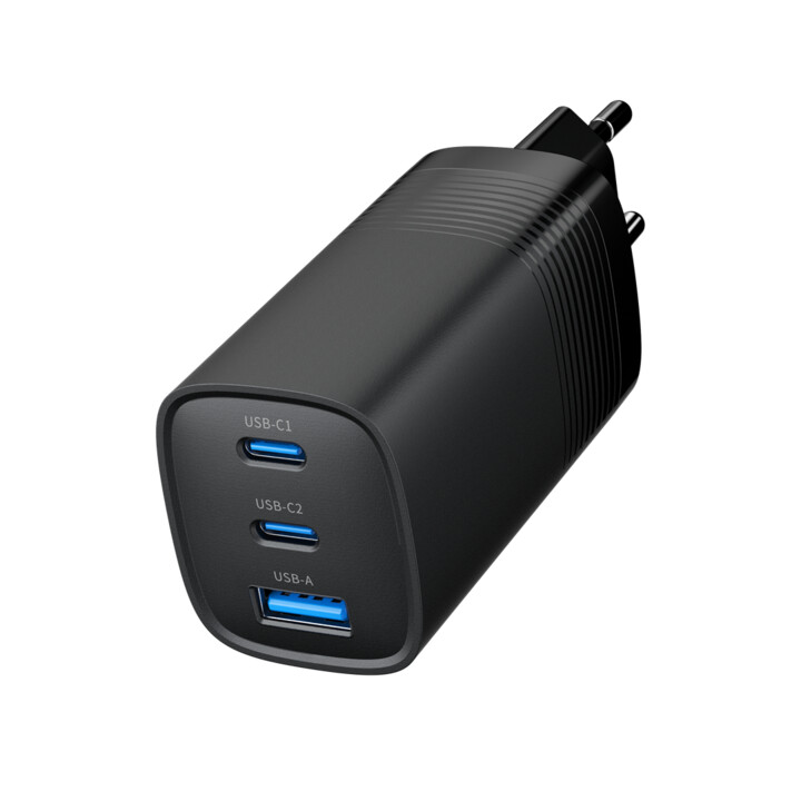 Gembird TA-UC-PDQC65-01-BK 3-Port 65 W GaN USB PowerDelivery Schnellladegerät, Schwarz