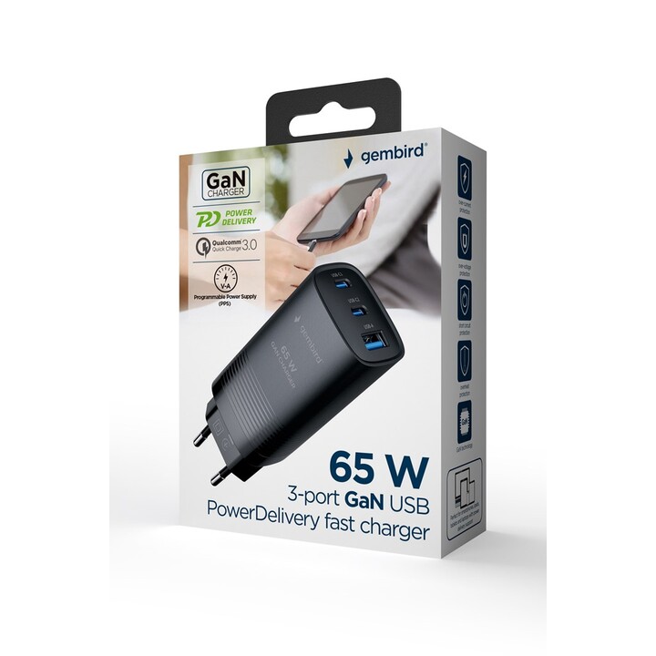 Gembird TA-UC-PDQC65-01-BK 3-Port 65W PowerDelivery USB GaN Fast Charger, Black