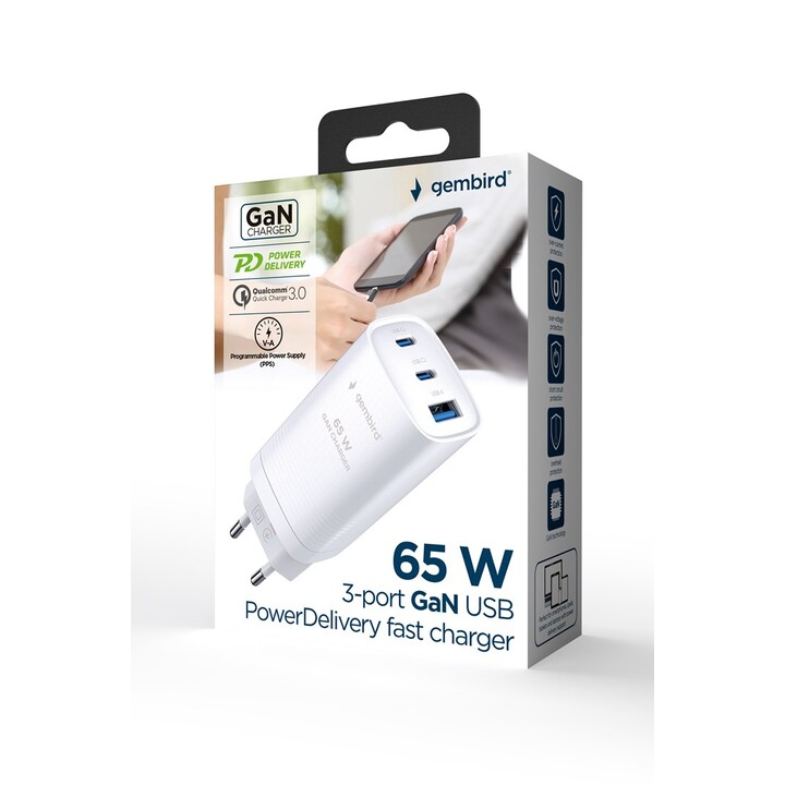 Gembird TA-UC-PDQC65-01-W Caricabatterie rapido USB GaN PowerDelivery a 3 porte da 65 W, bianco