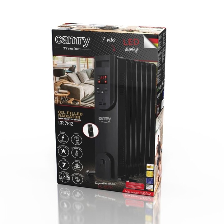 Aquecedor elétrico de óleo com controle remoto CAMRY CR 7812, 7 aletas, 1500 W preto