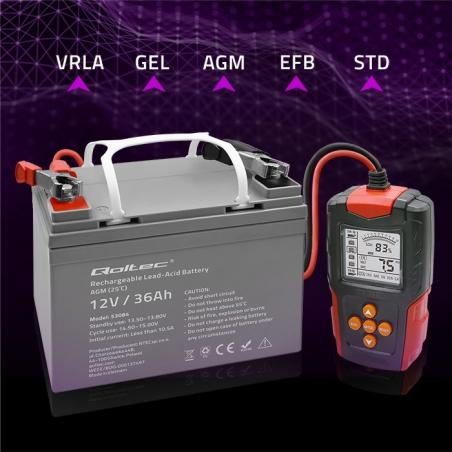 Qoltec 52484 Probador de batería digital LCD | 12V | 24V | 3Ah-200Ah