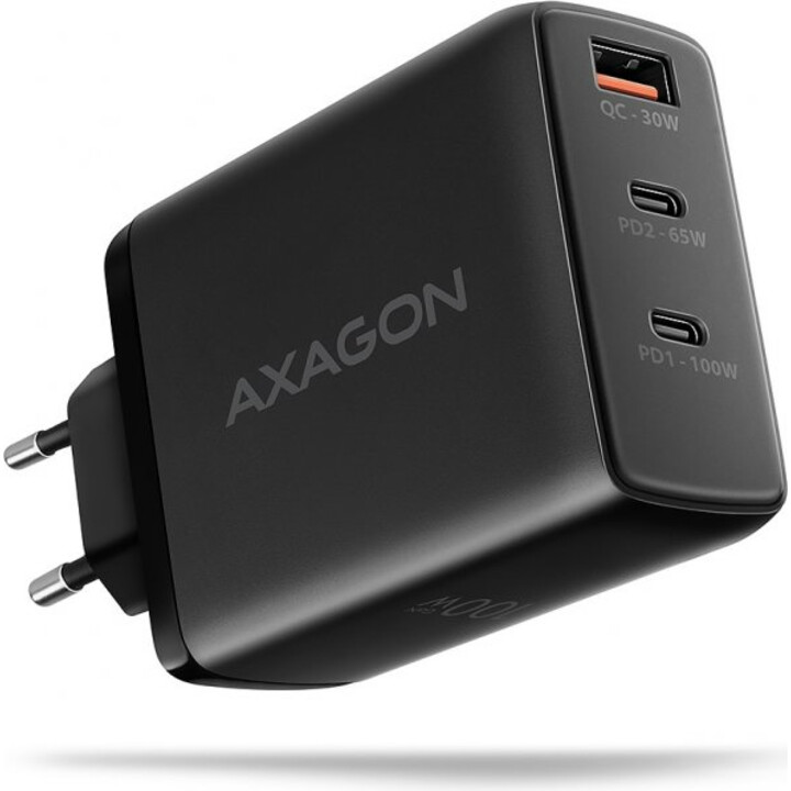 Axagon Acu-DPQ100 Gan Chargeur Mural 3X Ports USB avec Double USB-C PD3.0/QC4/PPS/Apple 100W Noir