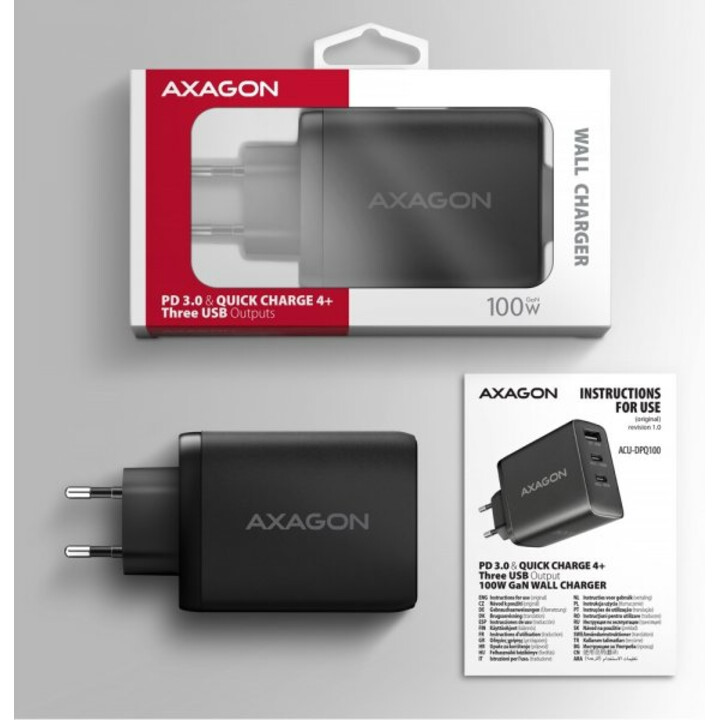 Axagon Acu-Dpq100 Gan Cargador De Pared 3X Puertos Usb Con Dual Usb-C Pd3.0/Qc4+/Pps/Apple 100W Negro