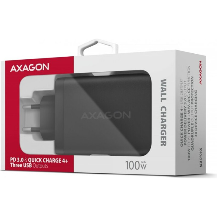 Axagon Acu-DPQ100 Gan Wandladegerät 3X USB-Anschlüsse mit Dual USB-C PD3.0 / QC4 / PPS / Apple 100W Schwarz