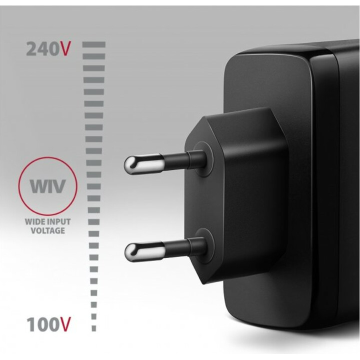 Axagon Acu-DPQ100 Gan Wandladegerät 3X USB-Anschlüsse mit Dual USB-C PD3.0 / QC4 / PPS / Apple 100W Schwarz