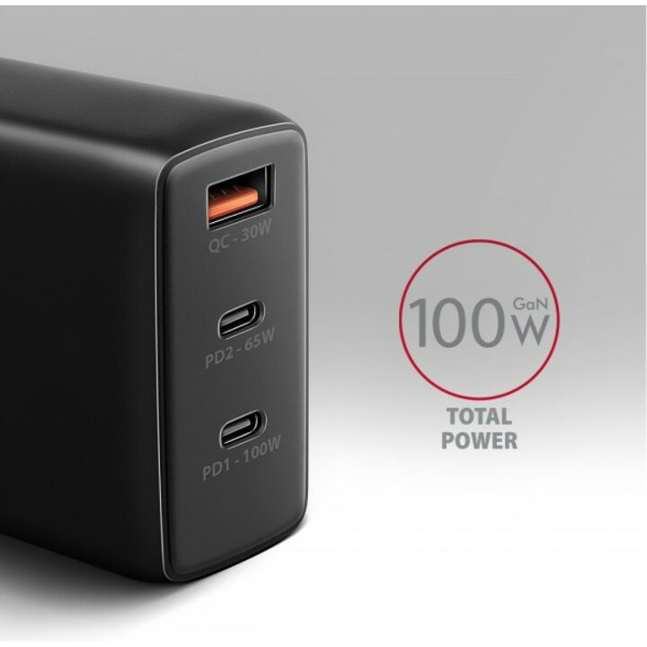 Axagon Acu-DPQ100 Gan Wandladegerät 3X USB-Anschlüsse mit Dual USB-C PD3.0 / QC4 / PPS / Apple 100W Schwarz