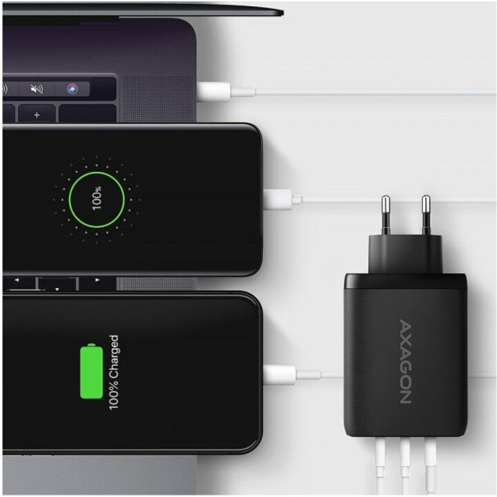 Axagon Acu-Dpq100 Gan Cargador De Pared 3X Puertos Usb Con Dual Usb-C Pd3.0/Qc4+/Pps/Apple 100W Negro