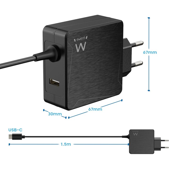 Chargeur mural USB-C Ewent ew3978 avec PD 65 W + port USB-A