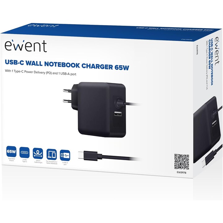 Chargeur mural USB-C Ewent ew3978 avec PD 65 W + port USB-A