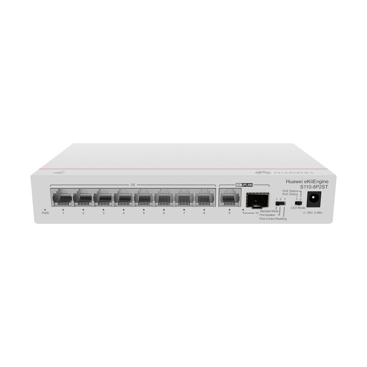 Huawei Switch S110-8p2st (8*ge Ports (124w Poe+), 1*ge SFP Port, 1*ge Port, AC Power, Power Adapter)