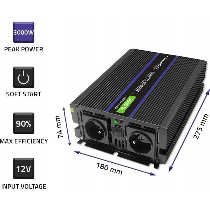 Qoltec Monolith 3000 MS 12V bis 230V 1500/3000W USB-Wellen-Spannungswandler