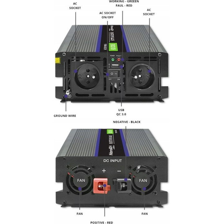 Qoltec Monolith 3000 MS 12V bis 230V 1500/3000W USB-Wellen-Spannungswandler