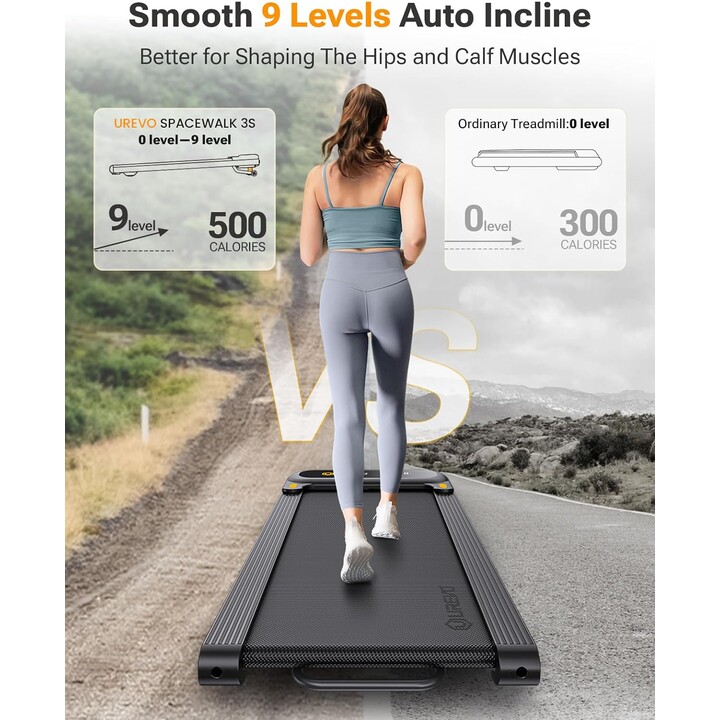 Urevo SpaceWalk 3S Treadmill, 9 Incline Levels, 1 km/h, Graphite Black