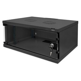 Wandmontierter Netzwerkschrank 19" 4HE, SOHO 241 x 540 x 400 mm, Türglas, Schwarz , aufgeklappt, 60kg