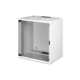 Wandmontierter Netzwerkschrank 19" 12HE, SOHO PRO 595 x 540 x 400 mm, Türglas, grau, aufgeklappt, 60kg