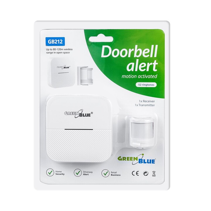 GreenBlue wireless entry signal, motion sensor, 52 melodies, white, 230V AC, max 8 sensors, GB212