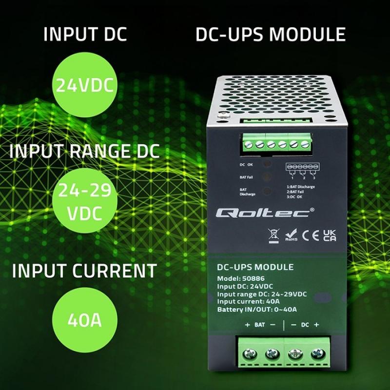 Qoltec 50886 Módulo UPS DC para carril DIN | 40A | 24V