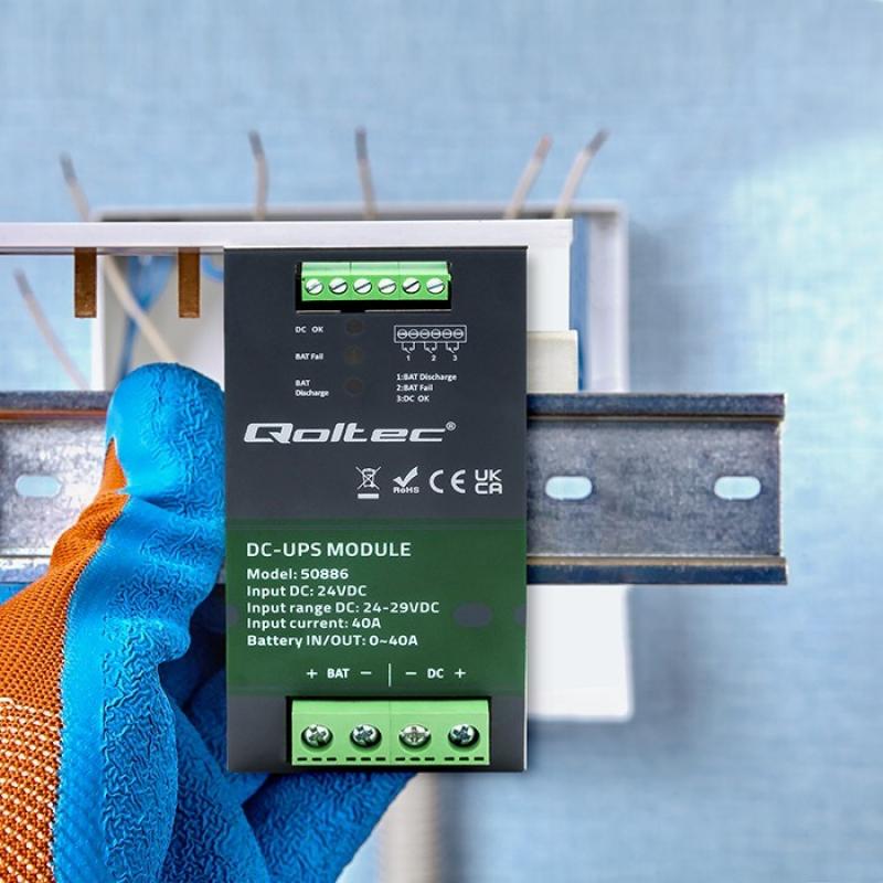 Qoltec 50886 Módulo UPS DC para carril DIN | 40A | 24V