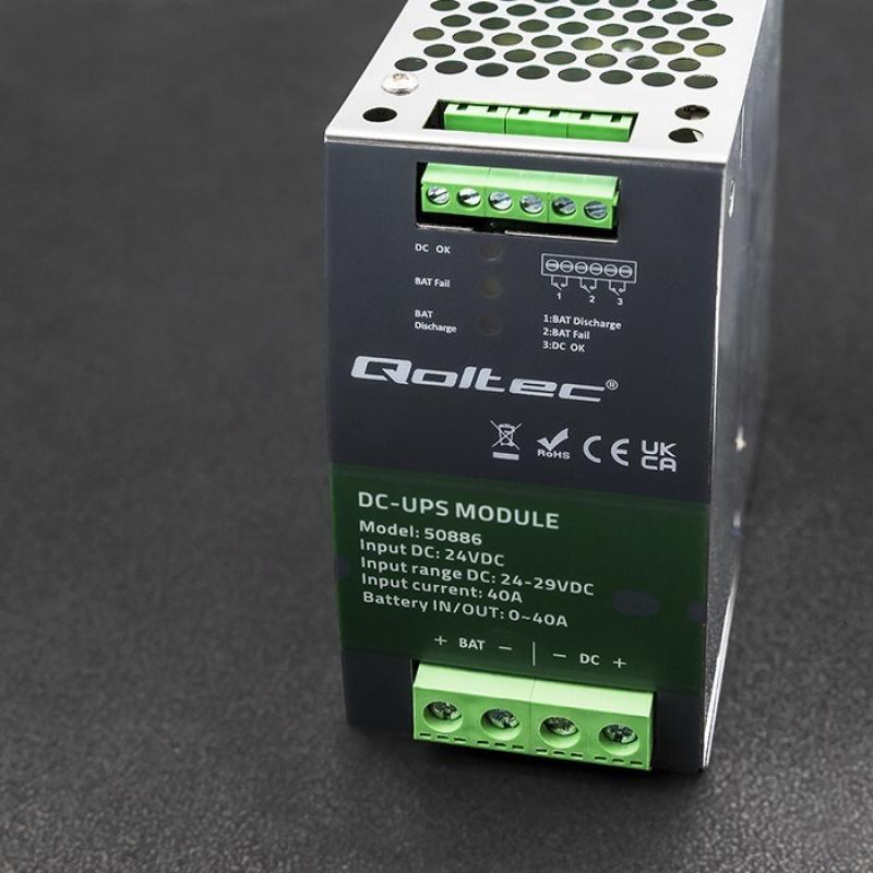 Qoltec 50886 Módulo UPS DC para carril DIN | 40A | 24V