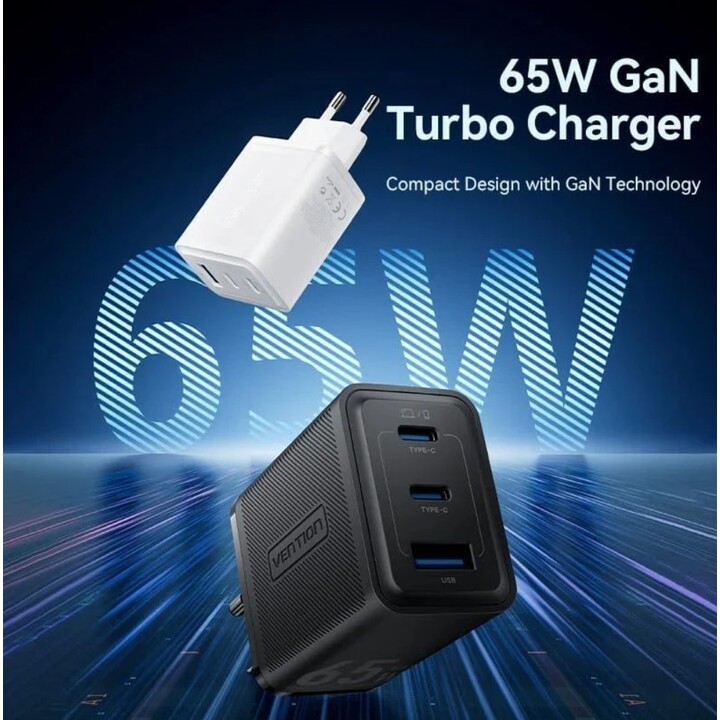 Chargeur mural Vention Gan FERB0-EU/ 2xUSB Type-C/ 1xUSB/ 65W