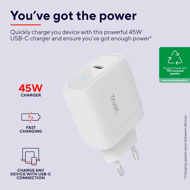 Trust Maxo caricabatterie da parete 45W 1xUSB-C bianco
