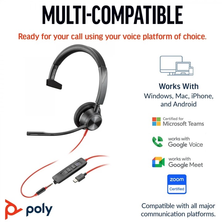 Poly Blackwire 3315 Monaurales Microsoft Teams-zertifiziertes USB-C-Headset +3.5mm Plug +USB-C/A Adapter