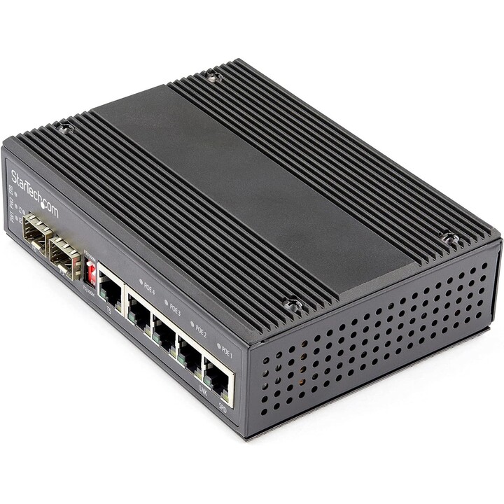 StarTech Industrial 6 Port Gigabit Ethernet Switch - 4 PoE RJ45 +2 SFP Slots 30W PoE+ DIN Rail Mounting