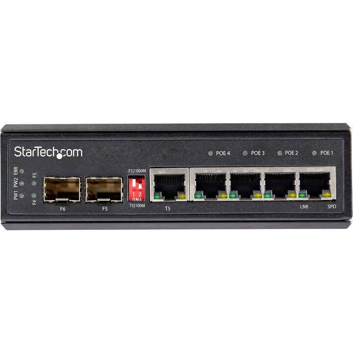 StarTech Industrial 6 Port Gigabit Ethernet Switch - 4 PoE RJ45 +2 SFP Slots 30W PoE+ DIN Rail Mounting