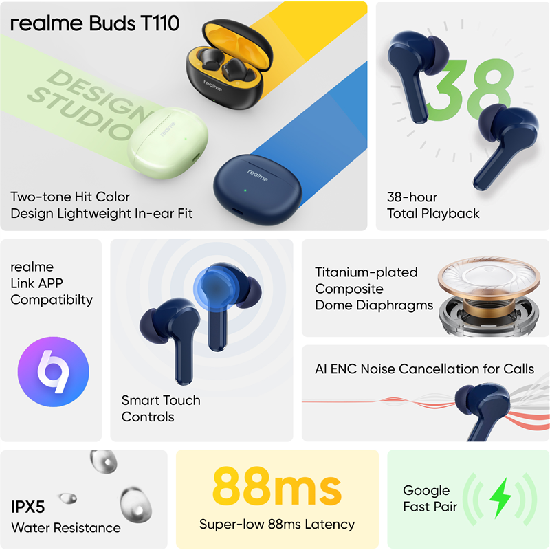 Realme Buds T110 Azul - Auriculares Bluetooth TWS