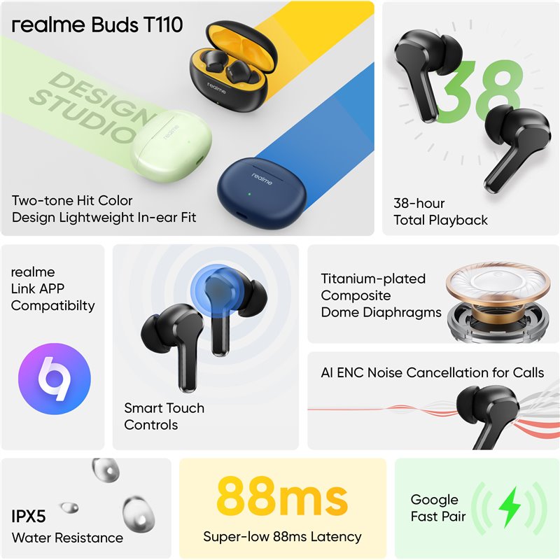 Realme Buds T110 Black - Bluetooth TWS Earphones
