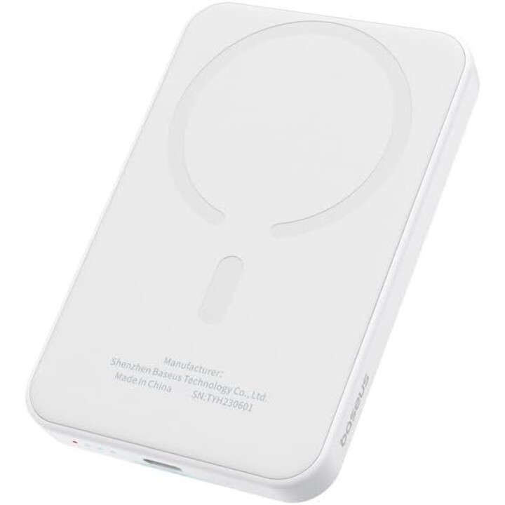 Power Bank Mini 5000mAh Baseus Compatível com MagSafe Branco - Carregamento Rápido 20W e Cabo Tipo C Incluído