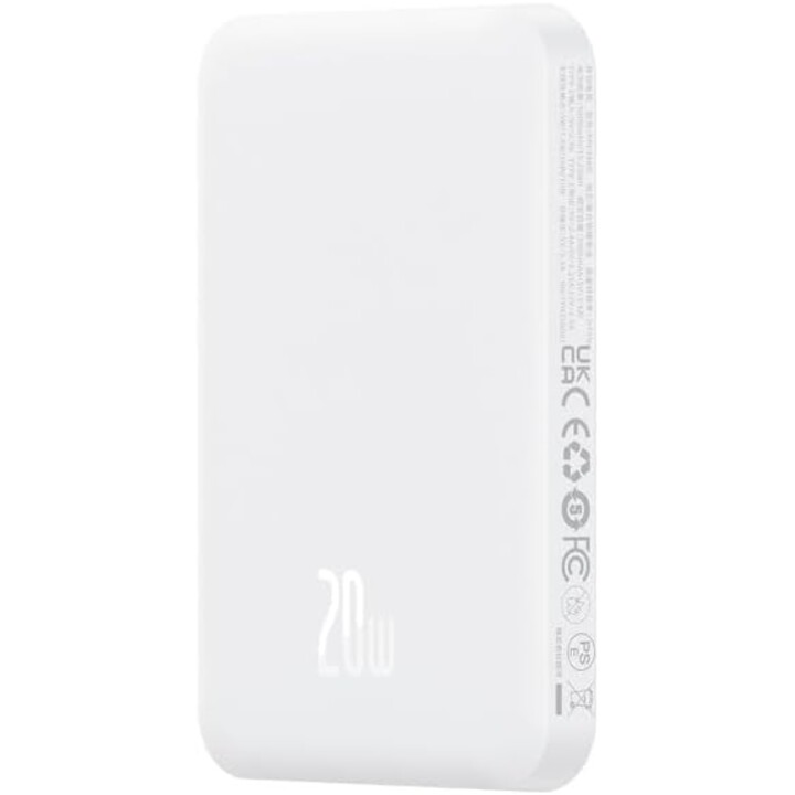 Power Bank Mini 5000mAh Baseus Compatível com MagSafe Branco - Carregamento Rápido 20W e Cabo Tipo C Incluído