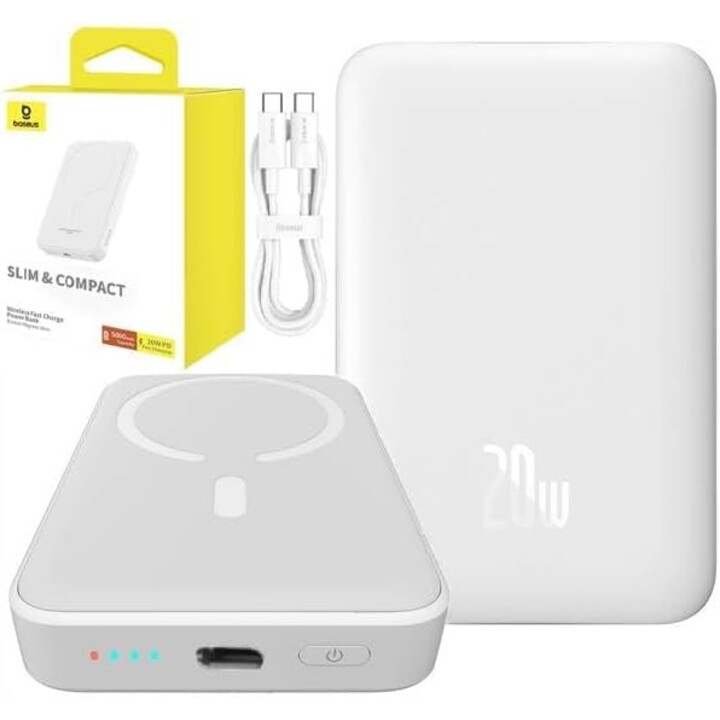 Baseus Power Bank Mini 5000mAh compatibile MagSafe Bianco - Ricarica rapida 20 W e cavo di tipo C incluso