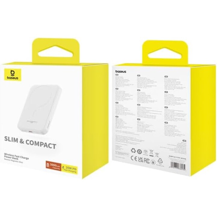 Power Bank Mini 5000mAh Baseus Compatível com MagSafe Branco - Carregamento Rápido 20W e Cabo Tipo C Incluído