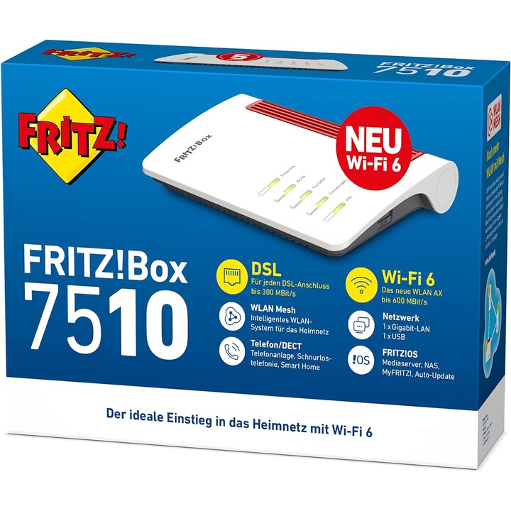 AVM FRITZ Box 7510 Wi-Fi 6 WLAN Mesh Router ADSL VDSL, IEEE 802.11g, n, ax DECT-Basisfür6 Mobilteile (20002983)