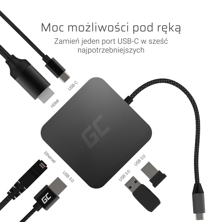 Green Cell AK61 base para portátil y replicador de puertos USB 3.2 Gen 1 (3.1 Gen 1) Type-C Plata