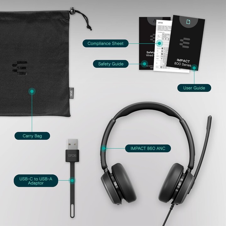 EPOS Impact 860 ANC - Auriculares dobles con cancelación de ruido de alto rendimiento, audio de banda súper ancha, conectividad 
