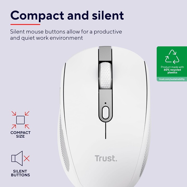 Trust Ozaa Compact Wireless Bluetooth Mouse/ Rechargeable Battery/ Up to 3200 DPI/ White