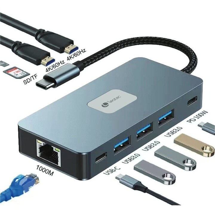Docking USB Type-C Leotec LEDS02/ 3xUSB/ 1xUSB Type-C/ 1xUSB Type-C PD/ 2xHDMI 4K/ 1xRJ45/ 1xSD e lettore di schede MicroSD/ Gri