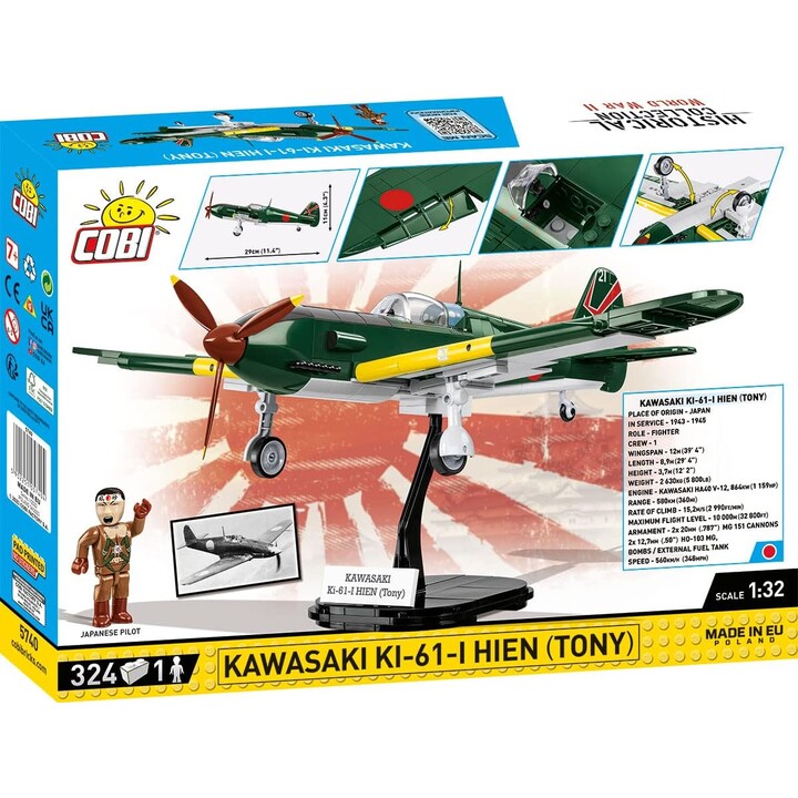 COBI 5740 Colección histórica Segunda Guerra Mundial Kawasaki KI-61-I Hein Fighter Aircraft (Tony) 324 almohadillas